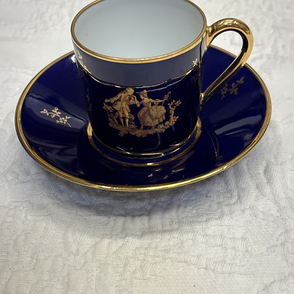 Vitg Limoges Demitasse Cup & Saucer Cobalt Blue Gold Lover Pattern France